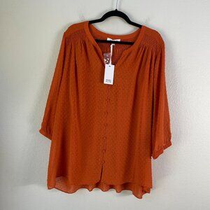 Rose+Olive Womens Plus 2X Textured Swiss Dot 3/4 Sleeve Tunic Top Rust Orange